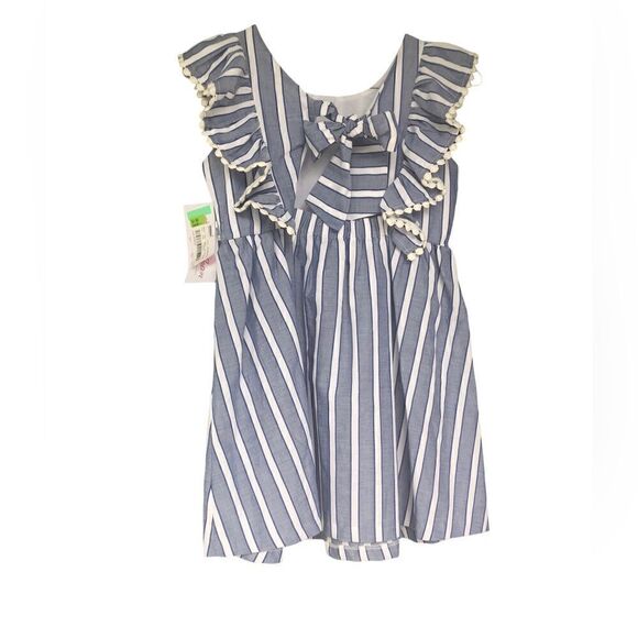 NWT Bonnie Jean Girl’s Blue & White Stripe Summer Dress Back Bow Ruffle Sleeves - Picture 4 of 6
